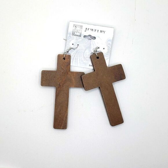 Brown wood cross earrings drop earrings boho - Picture 1 of 3